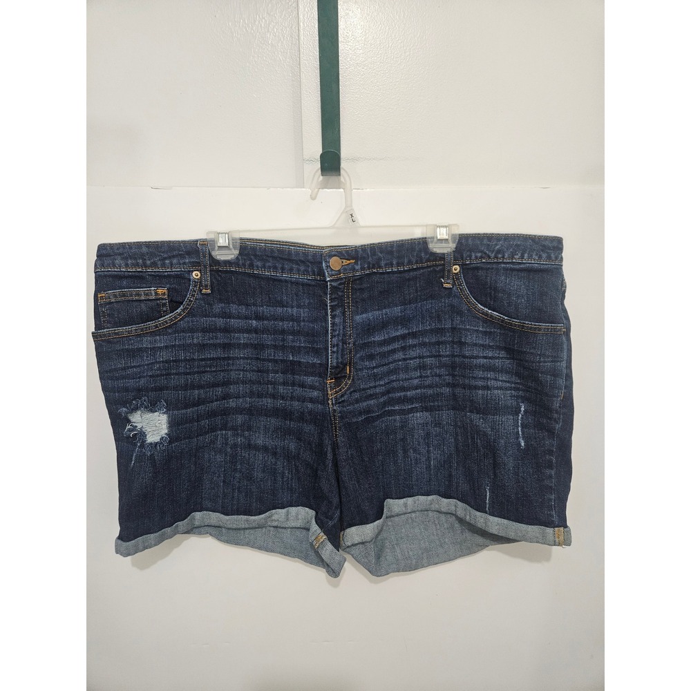 Ava & Viv Womens 24W Mid Rise Midi Short Dark Wash Distressed Denim Cuffed Blue‎